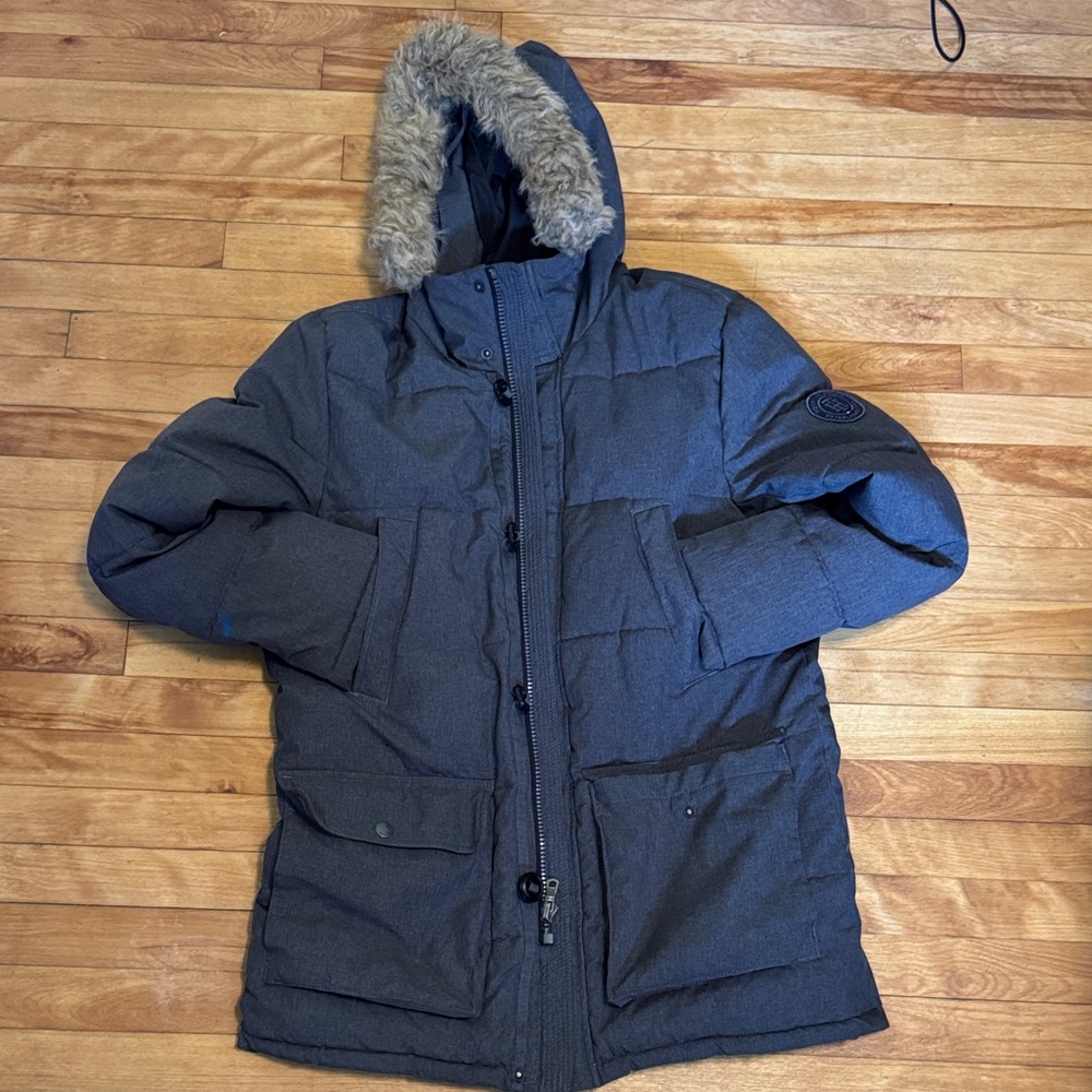 Tommy Hilfiger Grey Winter Coat with Detachable Faux Fur Hood